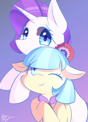 Size: 1271x1766 | Tagged: safe, artist:kawaiipony2, imported from derpibooru, coco pommel, rarity, pony, clothes, cocobetes, colored pupils, cute, duo, duo female, female, floppy ears, looking at you, one eye closed, raribetes, simple background