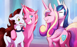 Size: 1024x618 | Tagged: safe, artist:vindhov, imported from derpibooru, princess cadance, shining armor, oc, oc:riposte, oc:scarlet, alicorn, pony, unicorn, butt, crystal empire, lovebutt, offspring, one eye closed, open mouth, parent:donut joe, parent:princess cadance, parent:rarity, parent:shining armor, parents:rarijoe, parents:shiningcadance, plot, story in the source, wink