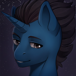 Size: 1000x1000 | Tagged: safe, artist:iwbitu, imported from derpibooru, oc, oc only, oc:slashing prices, pony, unicorn, commission, night, smiling, solo, stars