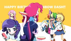 Size: 2039x1175 | Tagged: safe, artist:lotte, imported from derpibooru, applejack, fluttershy, pinkie pie, rainbow dash, rarity, twilight sparkle, human, equestria girls, blushing, cute, female, food, hat, mane six, party hat, pie, whipped cream