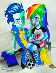 Size: 732x960 | Tagged: safe, artist:darindashiedo, imported from derpibooru, rainbow dash, soarin', equestria girls, equestria girls-ified, football, male, shipping, soarindash, straight, traditional art