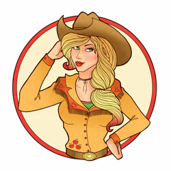 Size: 4961x4961 | Tagged: safe, artist:amy-hands, imported from derpibooru, applejack, human, absurd resolution, beautiful, belt, belt buckle, bust, colored pupils, cowboy hat, cowgirl, cute, eyelashes, female, green eyes, hat, humanized, jackabetes, lipstick, red lipstick, solo, stetson, yellow hair
