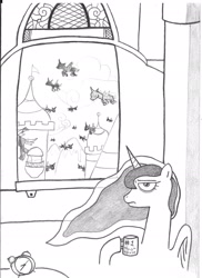 Size: 1780x2441 | Tagged: safe, artist:potatobug, derpibooru exclusive, imported from derpibooru, princess luna, alicorn, changeling, pony, a canterlot wedding, alarm clock, canterlot, clock, coffee, dark circles, invasion, looking at you, luna is not amused, monochrome, traditional art, unamused