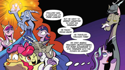 Size: 1036x580 | Tagged: safe, artist:andypriceart, idw, imported from derpibooru, accord, apple bloom, discord, princess cadance, scootaloo, starlight glimmer, sweetie belle, twilight sparkle, alicorn, pony, chaos theory (arc), three's a crowd, spoiler:comic, spoiler:comic50, accord (arc), conclusion: and chaos into the order came, continuity, cutie mark crusaders, sisters-in-law, twilight sparkle (alicorn)