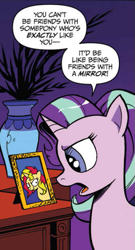 Size: 337x622 | Tagged: safe, artist:andypriceart, idw, imported from derpibooru, starlight glimmer, sunset shimmer, pony, unicorn, chaos theory (arc), spoiler:comic, spoiler:comic50, >:), accord (arc), andy you magnificent bastard, conclusion: and chaos into the order came, counterparts, debate in the comments, evil grin, irony, meta, smiling, smirk, speech bubble, sunset vs starlight debate, twilight's counterparts