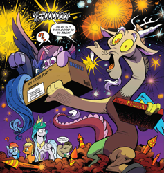 Size: 949x1000 | Tagged: safe, artist:andypriceart, idw, imported from derpibooru, applejack, discord, doctor whooves, princess celestia, princess luna, rainbow dash, time turner, twilight sparkle, alicorn, pony, chaos theory (arc), spoiler:comic, spoiler:comic50, accord (arc), andy you magnificent bastard, blinking, box, conclusion: and chaos into the order came, fireworks, food, futurama, pizza, pony in a box, twilight sparkle (alicorn)