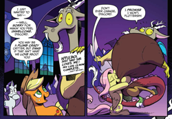 Size: 1017x704 | Tagged: safe, artist:andypriceart, idw, imported from derpibooru, applejack, discord, fluttershy, rarity, pony, chaos theory (arc), spoiler:comic, spoiler:comic50, accord (arc), conclusion: and chaos into the order came, hug