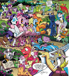 Size: 837x923 | Tagged: safe, artist:andypriceart, idw, imported from derpibooru, angel bunny, apple bloom, applejack, big macintosh, bittersweet (character), cranky doodle ryan, discord, dj pon-3, fluttershy, gummy, king sombra, leadwing, mayor mare, observer (character), octavia melody, opalescence, owlowiscious, philomena, pinkie pie, princess cadance, princess celestia, princess flurry heart, princess luna, queen chrysalis, rainbow dash, rarity, scootaloo, shining armor, spike, starlight glimmer, sweetie belle, tank, tiberius, twilight sparkle, vinyl scratch, winona, zecora, oc, oc:angie, alicorn, dragon, phoenix, pony, zebra, chaos theory (arc), spoiler:comic, spoiler:comic50, accord (arc), andy price, bittersweet (g4), conclusion: and chaos into the order came, cutie mark crusaders, dancing, fourth wall, heather breckel, katie cook, male, mane six, twilight sparkle (alicorn), wall of tags