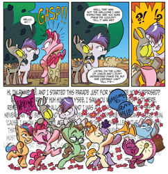 Size: 919x949 | Tagged: safe, artist:jay fosgitt, idw, imported from derpibooru, discord, pinkie pie, princess celestia, earth pony, pegasus, pony, unicorn, for the pony who has everything, spoiler:comic, spoiler:comic50, balloon, drums, glasses, musical instrument, party, pony discord, trumpet