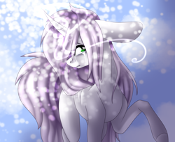 Size: 2700x2200 | Tagged: safe, artist:immagoddampony, imported from derpibooru, oc, oc only, pony, unicorn, curved horn, female, high res, mare, raised hoof, snow, solo