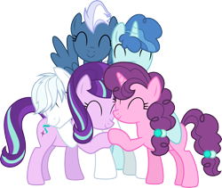 Size: 3562x3000 | Tagged: safe, artist:chainchomp2, imported from derpibooru, double diamond, night glider, party favor, starlight glimmer, sugar belle, earth pony, pegasus, pony, unicorn, the cutie re-mark, .svg available, ^^, equal four, eyes closed, female, high res, hug, male, mare, simple background, stallion, transparent background, vector