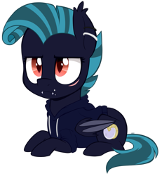 Size: 859x929 | Tagged: safe, artist:higgly-chan, imported from derpibooru, oc, oc only, oc:midnight chastise, bat pony, pony, chibi, clothes, colored pupils, ear piercing, eye scar, fangs, grump bat, grumpy, hoodie, lip piercing, looking at you, lying down, piercing, prone, scar, simple background, solo, transparent background