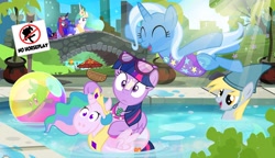 Size: 1200x689 | Tagged: safe, artist:pixelkitties, imported from derpibooru, derpy hooves, gummy, orange frog, princess celestia, princess luna, trixie, twilight sparkle, alicorn, pony, beach ball, clothes, cocktail umbrella, crepuscular rays, crown, hilarious in hindsight, inflatable, inner tube, jewelry, necklace, one-piece swimsuit, pinklestia, regalia, shark fin, sunburn, sunglasses, swimming, swimming pool, swimsuit, twilight sparkle (alicorn), umbrella drink, wordplay