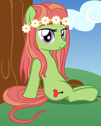 Size: 2167x2715 | Tagged: safe, alternate version, artist:badumsquish, derpibooru exclusive, imported from derpibooru, tree hugger, earth pony, pony, alternate hairstyle, cloud, cute, female, flower, grass, hairband, hill, hippie, huggerbetes, long hair, looking at you, purple eyes, sitting, sky, smiling, sober, solo, story in the comments, tree