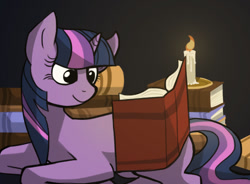 Size: 770x568 | Tagged: safe, artist:runebear, derpibooru exclusive, imported from derpibooru, twilight sparkle, pony, unicorn, book, candle, female, prone, reading, shadow, smiling, solo