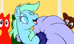 Size: 1600x960 | Tagged: safe, artist:dashingjack, imported from derpibooru, oc, oc only, oc:brainstorm, earth pony, pony, comic:mouse gala, blushing, crossdressing, dancing, laughing, lipstick, makeup, male, stallion, story in the source, tickling