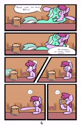Size: 6742x10342 | Tagged: safe, artist:provolonepone, imported from derpibooru, berry punch, berryshine, lyra heartstrings, earth pony, pony, unicorn, comic:lyra's verse, absurd resolution, cider, comic, dialogue, duo, hug