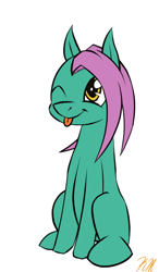 Size: 350x600 | Tagged: safe, artist:krynnymuffin, derpibooru exclusive, imported from derpibooru, oc, oc only, oc:sketchivus b. stylus, earth pony, pony, one eye closed, simple background, sitting, smiling, solo, tongue out, white background, wink