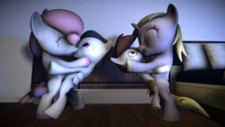 Size: 3840x2160 | Tagged: safe, artist:viranimation, imported from derpibooru, dinky hooves, pipsqueak, rumble, sweetie belle, pegasus, pony, unicorn, 3d, colt, cute, dinkysqueak, female, filly, hoof polish, kiss on the lips, kissing, male, nail polish, rumbelle, shipping, source filmmaker, spin the bottle, straight