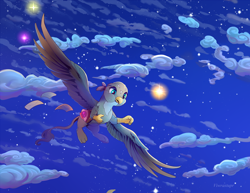 Size: 2200x1700 | Tagged: safe, artist:viwrastupr, imported from derpibooru, gabby, griffon, close-up, cloud, cloudy, female, flying, letter, light, night, night sky, solo, spread wings, stars