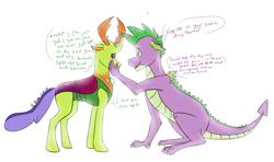 Size: 2235x1327 | Tagged: safe, artist:amandaam, imported from derpibooru, spike, thorax, changedling, changeling, dragon, to where and back again, blushing, comic, crying, dialogue, gay, heart, king thorax, looking at each other, love, male, older, older spike, open mouth, sad, shipping, simple background, sitting, smiling, story included, thoraxspike, white background