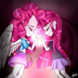Size: 1024x1024 | Tagged: safe, artist:yupinapegasus, imported from derpibooru, pinkie pie, equestria girls, angelic wings, bat wings, clothes, crying, duality, duo, eyes closed, heart, pinkamena diane pie, pleated skirt, skirt, socks, wing fluff