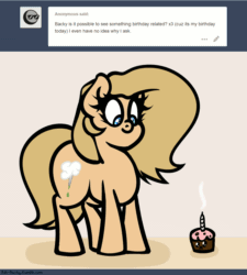 Size: 1280x1420 | Tagged: safe, artist:slavedemorto, imported from derpibooru, oc, oc only, oc:backy, pony, animated, ask, birthday, candle, cupcake, food, gif, solo, tumblr, vibrating