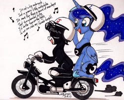 Size: 1697x1367 | Tagged: safe, artist:newyorkx3, imported from derpibooru, princess luna, oc, oc:tommy junior, alicorn, earth pony, pony, colt, cute, duo, eyes closed, female, friends, helmet, little honda, male, mare, motorcycle, music notes, open mouth, simple background, singing, smiling, song reference, the beach boys, traditional art, white background