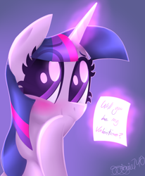 Size: 1400x1700 | Tagged: safe, artist:siggie740, imported from derpibooru, twilight sparkle, pony, blushing, bronybait, bust, colored pupils, cute, female, glowing horn, heart, letter, levitation, looking at you, magic, raised hoof, simple background, sitting, smiling, solo, telekinesis, twiabetes, valentine, valentine's day