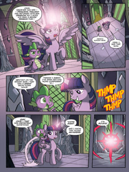 Size: 720x960 | Tagged: safe, artist:tonyfleecs, idw, imported from derpibooru, spike, twilight sparkle, alicorn, dragon, pony, from the shadows, spoiler:comic, spoiler:comic51, book, book sense, comic, duo, female, male, mare, official comic, preview, raised hoof, speech bubble, teleportation, that pony sure does love books, twilight sense, twilight sparkle (alicorn), twilight's castle