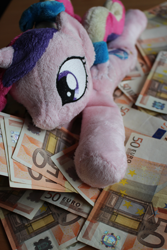 Size: 3456x5184 | Tagged: artist needed, safe, derpibooru exclusive, imported from derpibooru, princess cadance, alicorn, pony, absurd resolution, bank note, bed of money, euro, gold digger, irl, money, photo, plushie, solo, teen princess cadance