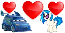 Size: 1024x529 | Tagged: safe, artist:jawsandgumballfan24, imported from derpibooru, dj pon-3, vinyl scratch, pony, unicorn, car, cars (pixar), crossover, crossover shipping, dj (cars), heart, shipping, simple background, white background