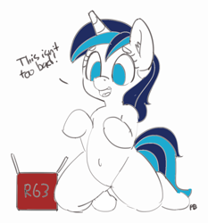 Size: 1280x1371 | Tagged: source needed, safe, artist:pabbley, imported from derpibooru, shining armor, pony, unicorn, anatomically incorrect, belly button, box, colored, cute, dialogue, ear fluff, gleamibetes, gleaming shield, happy, implied transgender transformation, incorrect leg anatomy, kneeling, open mouth, rule 63, rule63betes, shining adorable, simple background, smiling, solo, white background