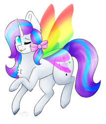 Size: 761x884 | Tagged: safe, artist:twinkepaint, imported from derpibooru, oc, oc only, oc:water lili, pony, unicorn, colored wings, female, glimmer wigns, glimmer wings, gradient wings, mare, multicolored wings, one eye closed, rainbow wings, simple background, solo, tongue out, white background, wings, wink