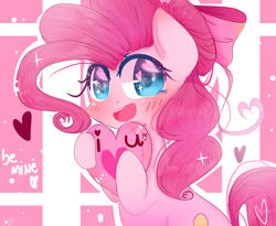 Size: 1516x1242 | Tagged: safe, artist:windymils, imported from derpibooru, pinkie pie, earth pony, pony, blushing, bow, cute, female, hair bow, heart, heart eyes, looking at you, mare, open mouth, signature, smiling, solo, sparkles, valentine's day, wingding eyes