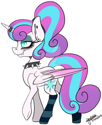 Size: 800x983 | Tagged: safe, artist:yupinapegasus, imported from derpibooru, princess flurry heart, alicorn, pony, choker, clothes, ear piercing, female, heart eyes, horn ring, lidded eyes, lip piercing, older, piercing, princess emo heart, punk, simple background, socks, solo, spiked choker, striped socks, transparent background, watermark, wingding eyes