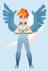 Size: 575x839 | Tagged: safe, artist:gor1ck, imported from derpibooru, rainbow dash, human, clothes, female, goggles, humanized, pants, solo, winged humanization, wings