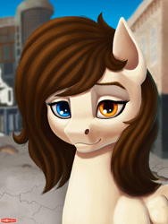 Size: 960x1280 | Tagged: safe, artist:wwredgrave, imported from derpibooru, oc, oc only, oc:motley cloud, pegasus, pony, fallout equestria, brown mane, fallout equestria: parallelism, female, heterochromia, looking at you, mare, multicolored iris, scenery, solo, wavy mouth