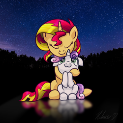 Size: 1024x1024 | Tagged: safe, artist:helmie-art, artist:modecom1, imported from derpibooru, sunset shimmer, sweetie belle, pony, unicorn, :3, cute, diasweetes, duo, eyes closed, female, filly, floppy ears, hug, looking up, mare, shimmerbetes, sitting, smiling, stars