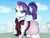 Size: 1024x768 | Tagged: safe, artist:haden-2375, imported from derpibooru, rarity, pony, unicorn, rarity investigates, alternate hairstyle, building, city, clothes, cloud, dress, eyeshadow, female, grin, lidded eyes, looking at you, makeup, ponytail, raised hoof, signature, sky, smiling, solo