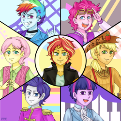 Size: 900x900 | Tagged: safe, artist:prk, imported from derpibooru, applejack, fluttershy, pinkie pie, rainbow dash, rarity, sunset shimmer, twilight sparkle, equestria girls, friendship through the ages, rainbow rocks, '90s, 2000s, 50s, 60s, 70s, 80s, applejack (male), bubble berry, butterscotch, clothes, devil horn (gesture), dusk shine, elusive, equestria guys, humane six, looking at you, male, open mouth, pixiv, prince dusk, rainbow blitz, rock on, rule 63, shutter shades, sunglasses, sunset glare