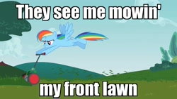 Size: 1280x720 | Tagged: safe, edit, edited screencap, imported from derpibooru, screencap, rainbow dash, pony, the mysterious mare do well, female, flying, grass, image macro, lawn mower, meme, solo, song reference, weird al yankovic, white and nerdy