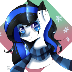 Size: 1400x1400 | Tagged: safe, artist:cheetospony, imported from derpibooru, oc, oc only, pony, abstract background, bust, clothes, ear piercing, female, mare, piercing, portrait, scarf, solo