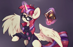 Size: 1280x822 | Tagged: safe, artist:mirtash, imported from derpibooru, moondancer, alicorn, pony, alicornified, book, chromatic aberration, clothes, female, glasses, glowing horn, looking at you, magic, moondancercorn, race swap, rcf community, simple background, solo, sweater, unamused