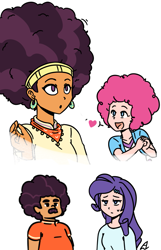 Size: 751x1168 | Tagged: safe, artist:acesrockz, edit, imported from derpibooru, coriander cumin, pinkie pie, rarity, saffron masala, equestria girls, spice up your life, afro, heart, open mouth, simple background, white background