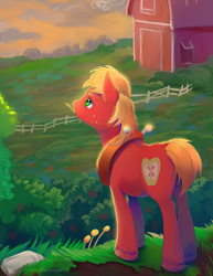 Size: 1700x2200 | Tagged: safe, artist:viwrastupr, imported from derpibooru, big macintosh, pony, barn, cloud, fence, freckles, grass, lidded eyes, looking at something, male, scenery, solo, stallion, sunset, sweet apple acres