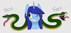 Size: 1024x475 | Tagged: safe, artist:rosequartz1, imported from derpibooru, oc, oc only, oc:effigy, pony, snake, unicorn, grin, offspring, parent:discord, parent:trixie, parents:trixcord, simple background, smiling