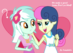 Size: 1024x739 | Tagged: safe, artist:iamsheila, imported from derpibooru, bon bon, lyra heartstrings, sweetie drops, equestria girls, confused, female, heart, lesbian, lidded eyes, looking at each other, lyrabon, open mouth, question mark, shipping, smiling