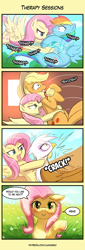 Size: 500x1475 | Tagged: safe, artist:lumineko, imported from derpibooru, applejack, fluttershy, gilda, rainbow dash, earth pony, griffon, pegasus, pony, 4koma, atatatatata, badass, blushing, chiropractic, comic, cute, dialogue, floppy ears, flutterbadass, looking at you, massage, neck snap, oraoraoraoraoraoraoraoraora, rough, shyabetes, speech bubble, suplex, the fourth wall cannot save you, underhoof, wide eyes, you're next