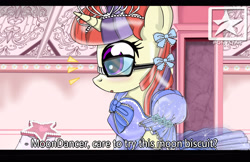 Size: 3500x2262 | Tagged: safe, artist:avchonline, imported from derpibooru, lyra heartstrings, moondancer, black bars, blushing, bow, canterlot royal ballet academy, caption, clothes, comic, cookie, dress, evening gloves, food, glasses, gloves, hair bow, jewelry, long gloves, stars, tiara